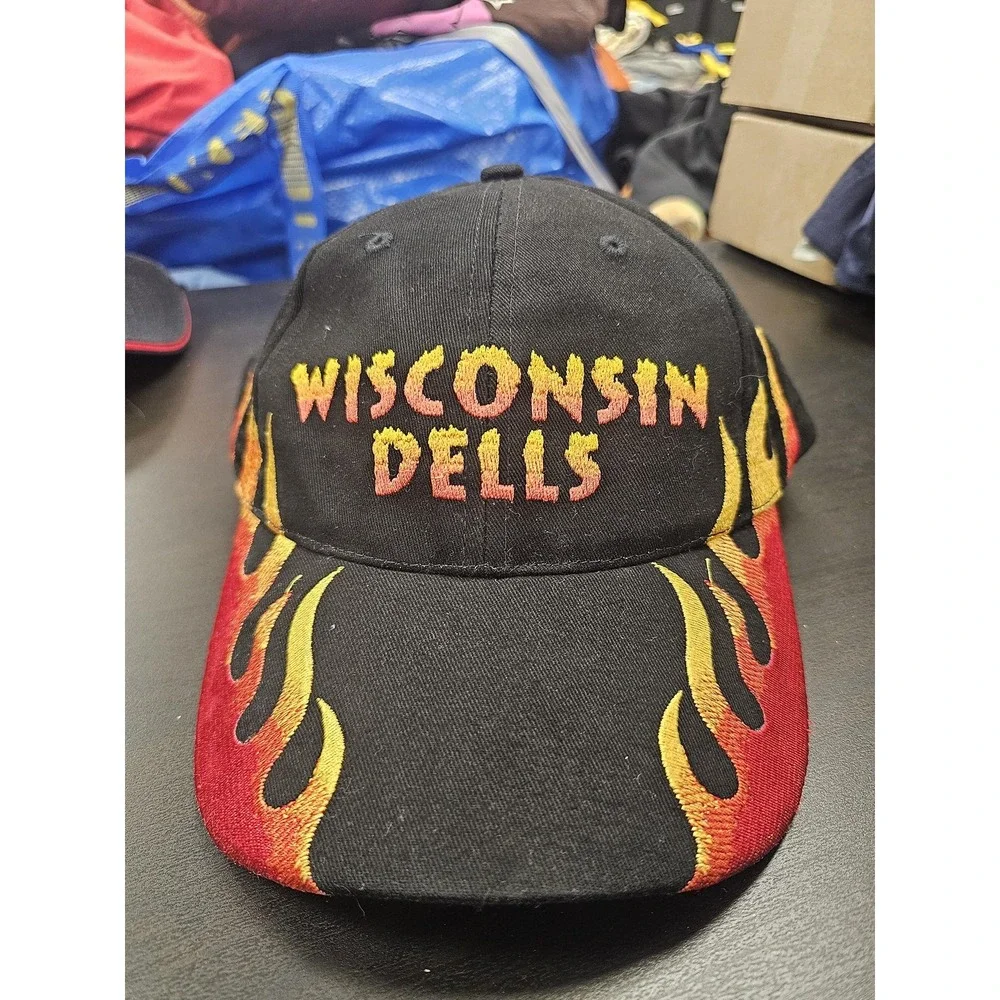 Wisconsin Dells Hat Cap Strap Back Black Flame‎ Embroidered Hats One Size Mens
